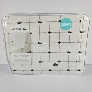 Lacoste White Black Grid 4pc QUEEN Sheets Set 100% Cotton Crocodile Anthracite